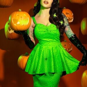 Vixen by Micheline Pitt Neon Green Spiderweb Wiggle Dress with Peplum NWOT